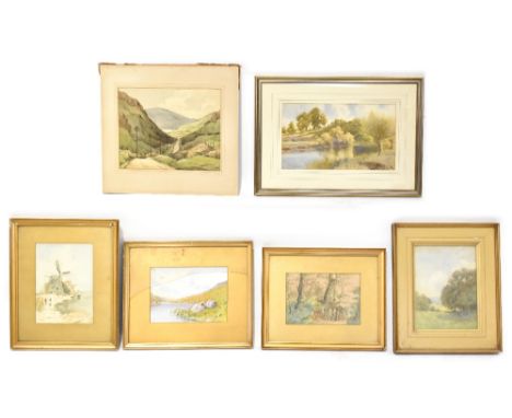 A group of six assorted watercolours to include R Wane; watercolour of gently flowing stream through wooded hills, signed low