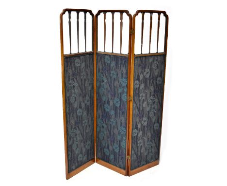 An Edwardian inlaid mahogany two-fold three-panel screen, each panel with a glazed upper and carved tulip motif, with carved 