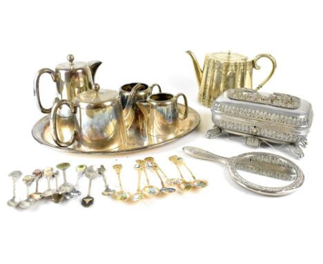 A quantity of silver plated ware to include collectors' spoons, part tea set, jewellery box and smaller items to include a ha