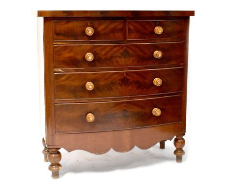 A Victorian Scottish bow-fronted chest of two short over three long drawers, on turned feet, 123 x 120.5 x 53cm. CONDITION RE