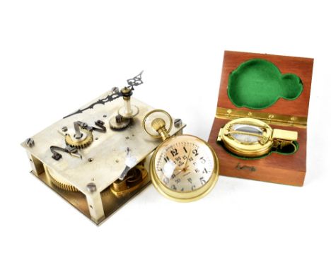 An Elgin Incabloc brass and glass ball clock, the dial set with Arabic numerals, a reproduction mahogany-cased compass and a 