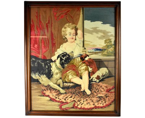 A tapestry depicting a young boy seated with a dog and puppies, 67 x 54cm and a smaller tapestry of an interior scene, 49 x 3