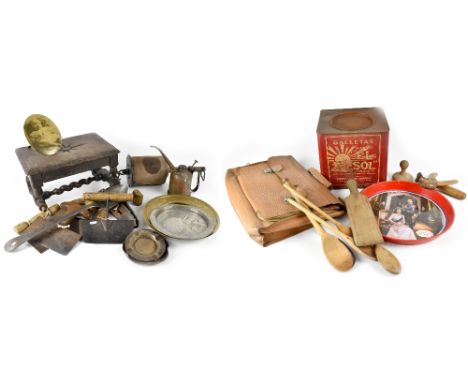 A quantity of late 19th/early 20th century kitchenalia to include various wooden handled dicers, oil cans, large brass ladles