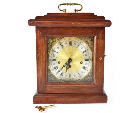 A 20th century German Franz Hermle mahogany cased mantel clock, the gilded dial decorated in Chinoiserie fashion, silvered ch