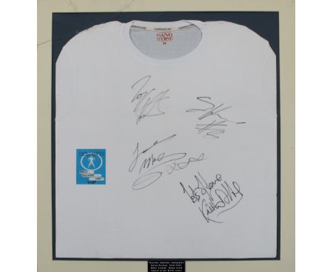 A signed Boyzone white cotton T-shirt with authentic autographs by Ronan Keating, Keith Duffy, Mikey Graham, Shane Lynch, all