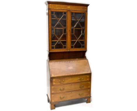 An Edwardian inlaid mahogany bureau bookcase, top with a pair of astragal bevel glazed doors on open shelf above a base with 