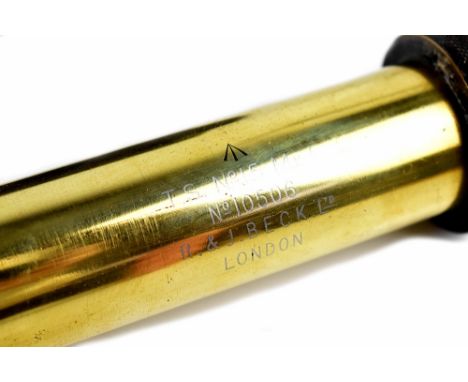 A military brass sighting telescope marked 'TS No.15 Mk 1, No.10506, R & J Beck Ltd, London', length 76cm and a WWI leather t