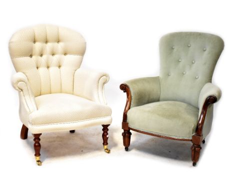 A Victorian-style button-back armchair upholstered in cream woven fabric and on turned legs with castors and a Victorian waln