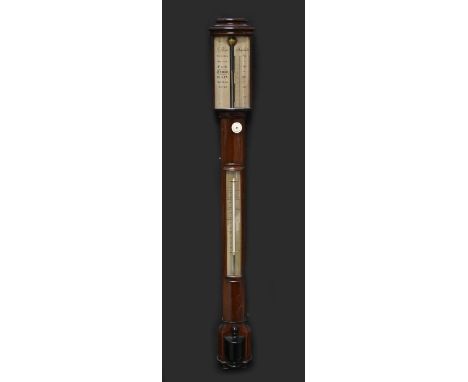 J Blatt; a reproduction mahogany-cased stick barometer, the silvered dial signed 'J Blatt Brighton' within a case with archit