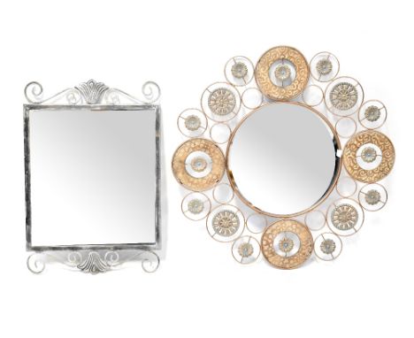 Two contemporary mirrors, a circular mirror with large ornate circular copper frame, diameter 82cm and a square mirror in age