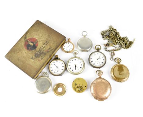 A quantity of base metal and plated pocket watches, parts and watch chains, etc, to include an example by Joseph Sewill of Li
