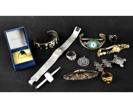 A small quantity of white metal and silver costume jewellery to include enamelled bangles, two ladies' dress rings, a Smiths 