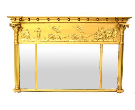 A reproduction gilt-framed mirror with Classical frieze of chariot and figures above triple mirror plates with bevelled glass