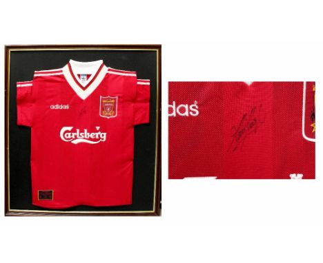 Kevin Keegan; a signed Liverpool FC home shirt, Adidas manufacture with Carlsberg branding, mounted and framed. CONDITION REP