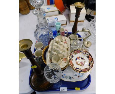 A collection of items, to include a pair of turned oak candlesticks, silver plated cruet, decanter and stopper, glass bell, M