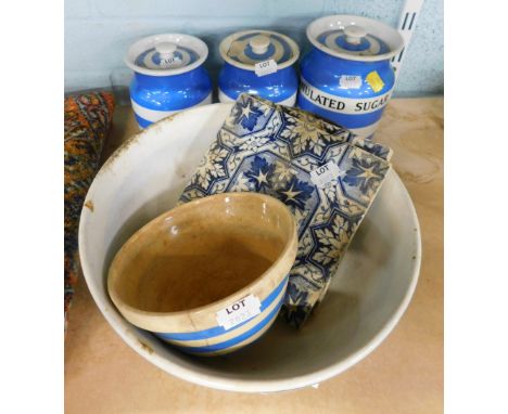 Various blue and white pottery, Cornish ware, tiles, etc., to include granulated sugar, plain storage jars, two pottery tiles