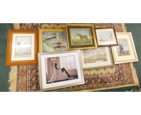 Various prints, picture frames, Jack Vettriano, Headon mountain scene watercolour, equine print, hunting scene oil on canvas,