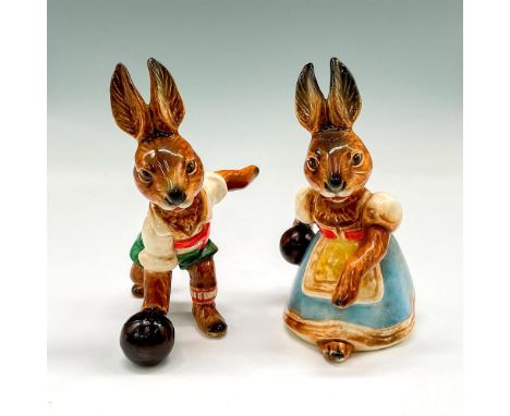 Glossy hand painted figures - Girl and Boy bunny bowling. Goebel backstamp. Largest piece: 2.5"L x 2.5"W x 5.25"H. Issued: 20