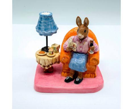 Royal Doulton Bunnykins, Mrs. Collector Bunnykins DB335 (lilac blouse, blue skirt, coral chair, blue lamp). Royal Doulton Bun