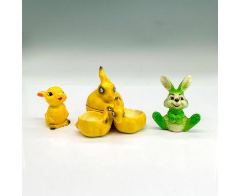 Two rabbit figurines and condiment dish. Yellow ceramic three section dish with lid over largest section, 4"L x 4.25"W x 3.75