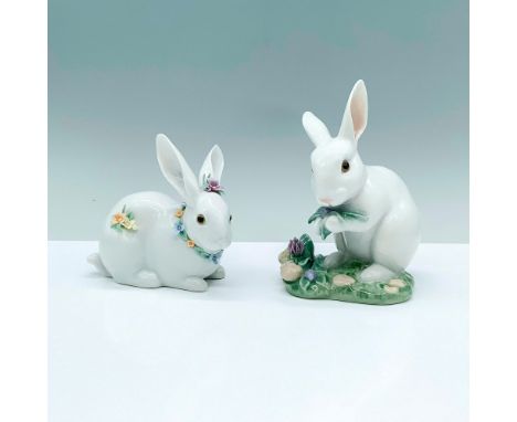 Pair of Lladro Figures, The Rabbit 1008517 and Attentive Flower Bunny 1006098. 2 figures of a white rabbit, one decorated wit