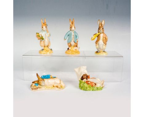 A set of five Beatrix Potter figures with two Beswick figures. Peter Rabbit gardening and a rabbit joyfully digging. The othe