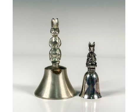A set of two silver metal bells that have a top handle in the shape of a bunny rabbit. Dimensions of the largest item: 4.25"H