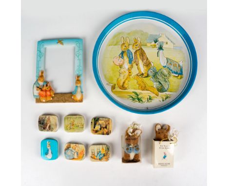 Cute gift set with a large round tray measuring 12"dia., a picture frame, 6 small trinket gift boxes, and two mini stuffed bu