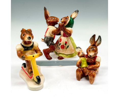 Glossy, hand painted figures: Couple dancing, Girl rabbit holding baby and little rabbit girl outside on her scooter. Goebel 