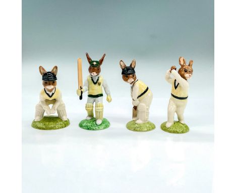 Four glazed bone china figures of rabbits playing cricket. Wicketkeeper DB150, Bowler DB145, Batsman DB144 and Test Century D