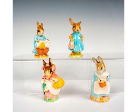 A glazed set of 4 Beatrix Potter figures comes to life, featuring the endearing characters Cecily Parsley and Mrs. Flopsy Bun