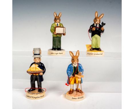 A set of four glazed figures of bunnies made in the image of inventors through history that include Alexander Graham Bell, Ja