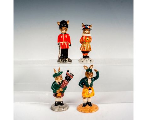 A set of 4 Bunnykins figures, each embodying an aspect of UK culture, including a Guardsman standing proud, a Beefeater showc