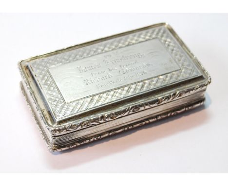Silver snuff box, 'James Armstrong...New York 1870', rectangular with engine-turned base and reeded sides, by Francis Clark, 