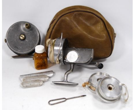 Hardy Altex reel, no. 623496, and two spare spools; also a 3½in vintage trout reel with rim tension screw, stamped 'Made in E