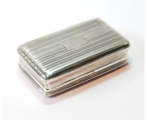 Silver snuff box, reeded all over, marks not clear, c. 1820.
