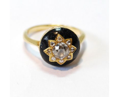Ring with Victorian old-cut diamond and enamel boss.   Condition Report  There are tiny scratches and chips on the enamel.  N