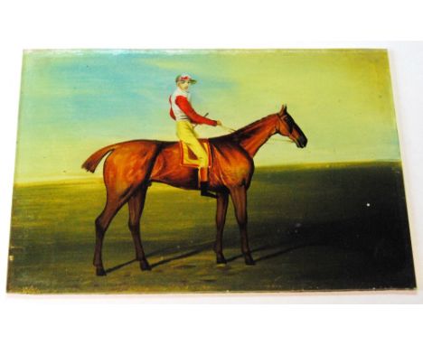 19th century portrait of a racehorse with jockey, on glass, possibly a magic lantern slide, 9cm x 14cm.