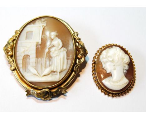 Victorian cameo brooch carved with a woman feeding hens in a gilt metal frame, 6cm long, and a 9ct gold framed cameo portrait