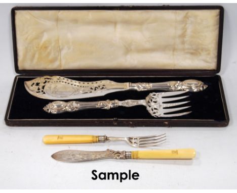 Leather cased fish serving knife and fork engraved with a fisherman; together with a set of twelve Elkington & Co fish knives
