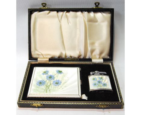 Silver cigarette case with enamelled spray of cornflowers, and the matching lighter, cased.   Condition Report  This is in vi