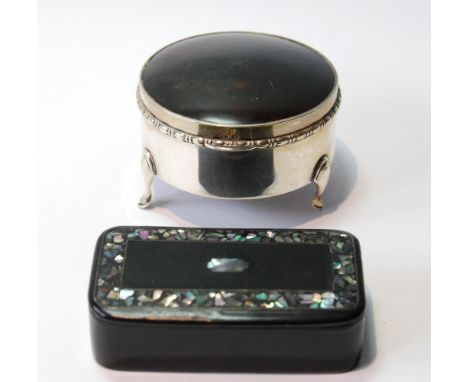 Silver trinket box with tortoiseshell lid and a papier maché snuff box.  (2)