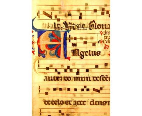 15th century Italian illuminated musical manuscript from a choir book, some losses, framed, 55cm x 37cm.