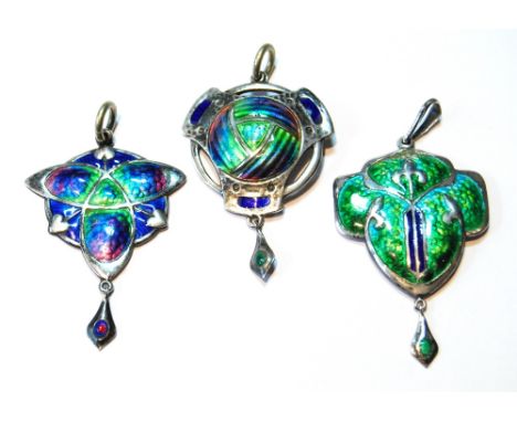 Group of three Art Nouveau silver enamel pendants, makers S & B, all 4.5cm long.