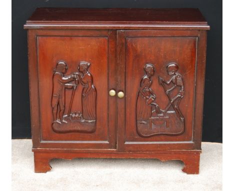 Victorian carved mahogany two-door cabinet with door of drink and consequences, on bracket feet, 82cm high and 90cm wide.