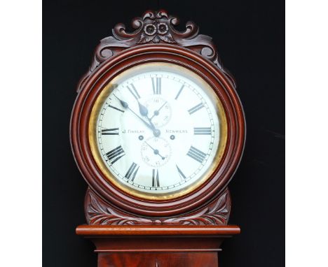 Scottish Victorian mahogany drumhead clock by J. Findlay of Newmilns, with floral crest, circular Roman dial with seconds and