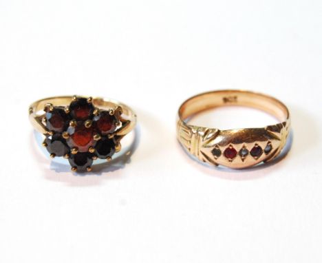 Ruby and pearl ring, '9ct', and a 9ct gold garnet flowerhead ring.  (2)