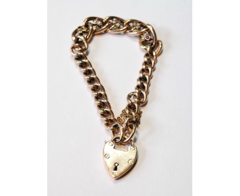 Gold hollow curb bracelet with pearl and ruby trefoils, 1900.   Condition Report  11.8g