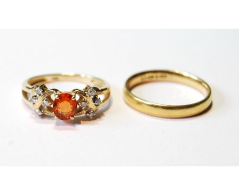 Fire opal and diamond ring, '14k', together with an 18ct gold band ring.  (2)   Condition Report  These weigh about 3g each