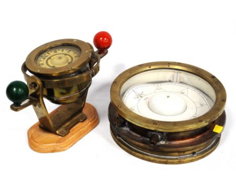 Vintage miniature gimballed brass ship's compass, 13cm diameter, and a larger brass ship's compass, 19cm diameter.  (2)